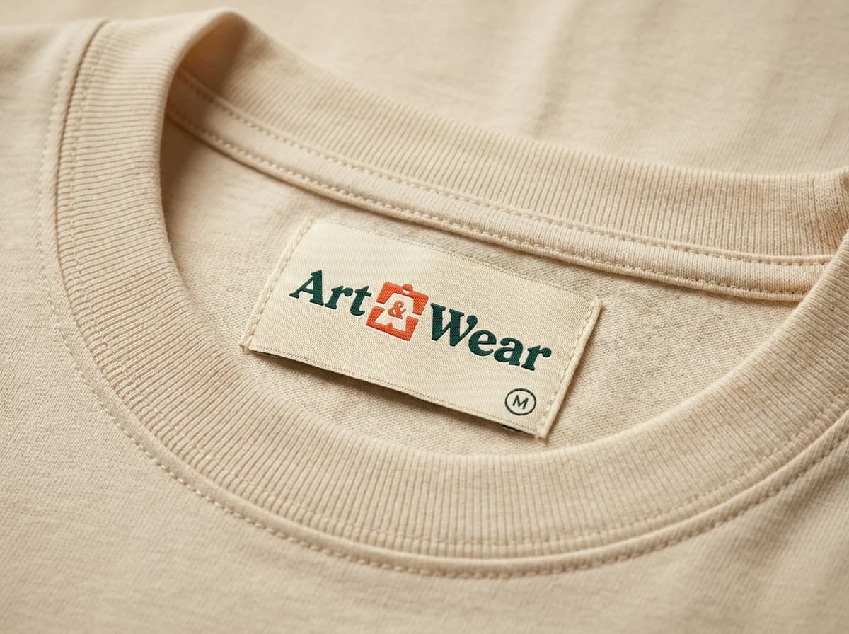 Bone tee collar: ribbed neckline, woven Art and Wear label, and the stitch row that holds the band