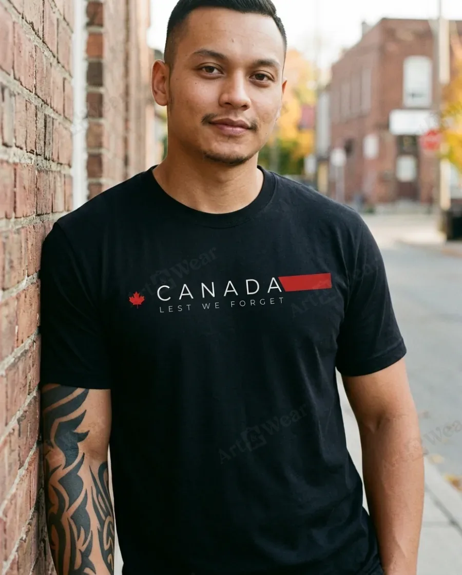 Canada tee with the Lest We Forget chest mark, worn